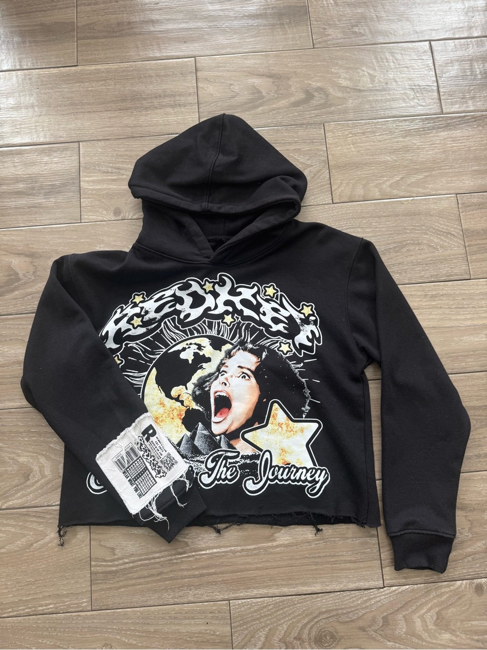 Black Graphic Cropped Crewneck Hoodie - The Journey